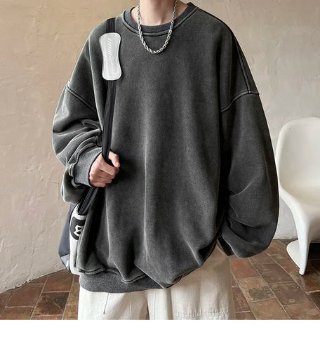 American Washed Old Pullovers Sweatshirts Loose Solid Color Large Size Warm O Neck Tops Hip Hop Y2k Sweatshirt