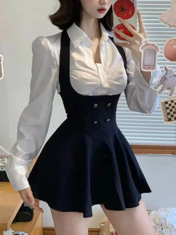 Voguable  Y2K 3 Piece Set Cropped Coat + Long Sleeve Shirt + High Waist Halter Ruffles Mini Dress Korean Chic Outfits