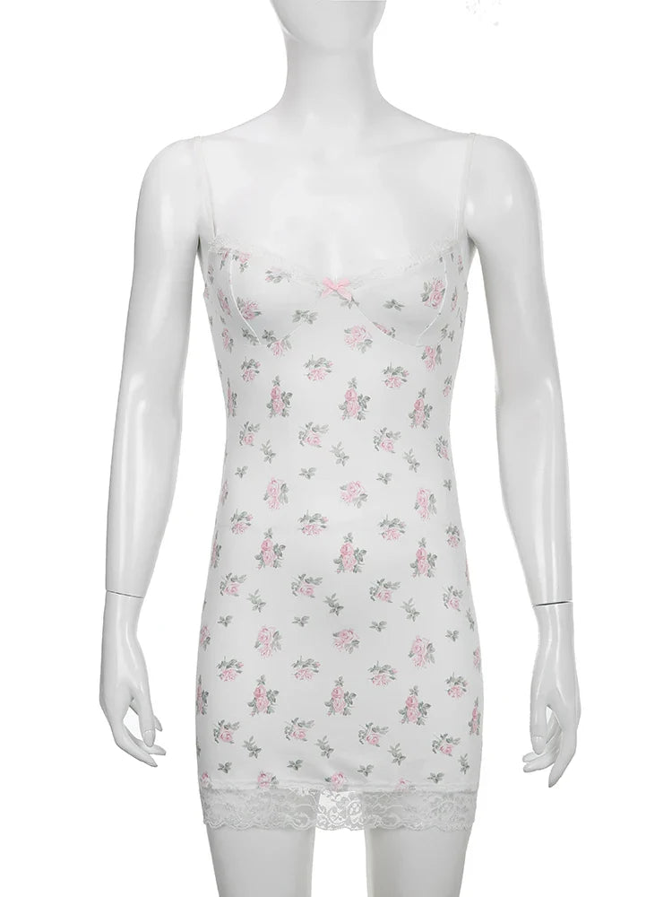 Voguable  Coquette Aesthetic Spaghetti Strap Lace Floral Dress Sweet Y2K Bodycon Night Dresses Beach Holiday Casual Robe