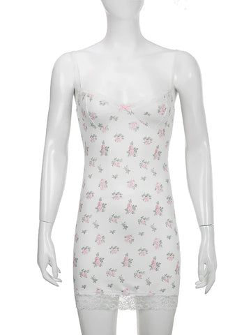 Voguable  Coquette Aesthetic Spaghetti Strap Lace Floral Dress Sweet Y2K Bodycon Night Dresses Beach Holiday Casual Robe