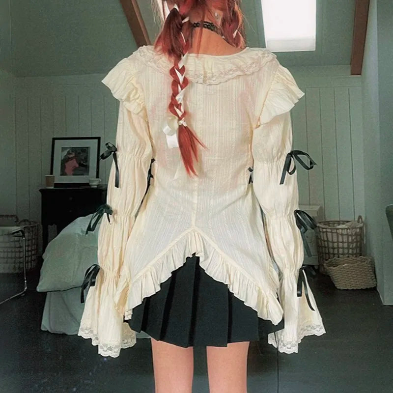 Y2k Aesthetics Lace Shirt Grunge Gothic Irregular Blouses Fairy Harajuku Bandage Shirt Vintage Lolita Clothes Mall Goth