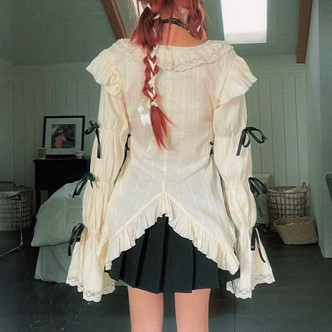 Y2k Aesthetics Lace Shirt Grunge Gothic Irregular Blouses Fairy Harajuku Bandage Shirt Vintage Lolita Clothes Mall Goth