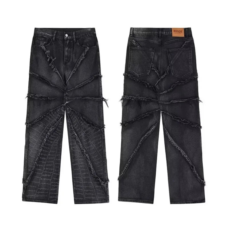 Voguable Y2K Punk Black American Street Rock Retro High Waist Oversized Jeans Raw Edge Washed Darkwear Wide Leg Trousers Men