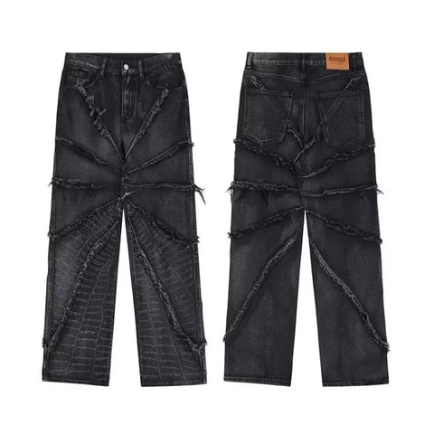 Voguable Y2K Punk Black American Street Rock Retro High Waist Oversized Jeans Raw Edge Washed Darkwear Wide Leg Trousers Men