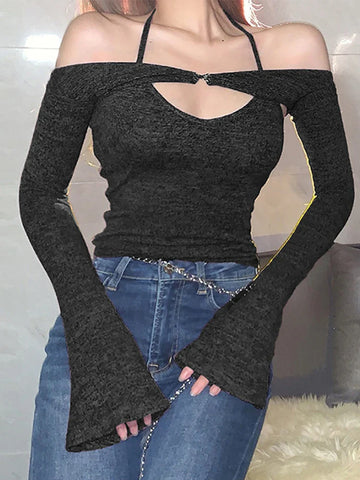 Y2K Top Long Sleeve T-Shirts 2 Piece Tops Halter Tanks Backless Crop Top Off Shoulder Tees Christmas Clothes