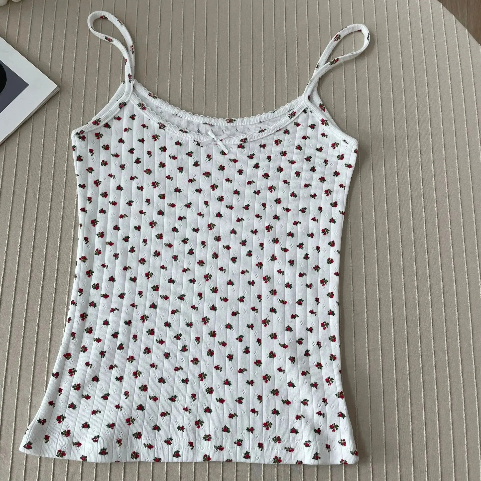 Floral Eyelet Bow Cotton Crop Tops Lace Trim Sleeveless Slim Tank Top Preppy Style Sweet Camisole Y2k Clothes