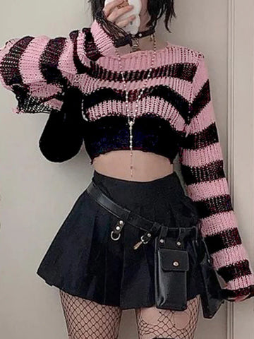 Voguable  Pink Contrast-paneled Crop Smock Top Y2K Aesthetic Cute Knitted Long Sleeve Pullover for Sweater Vintage Clothes