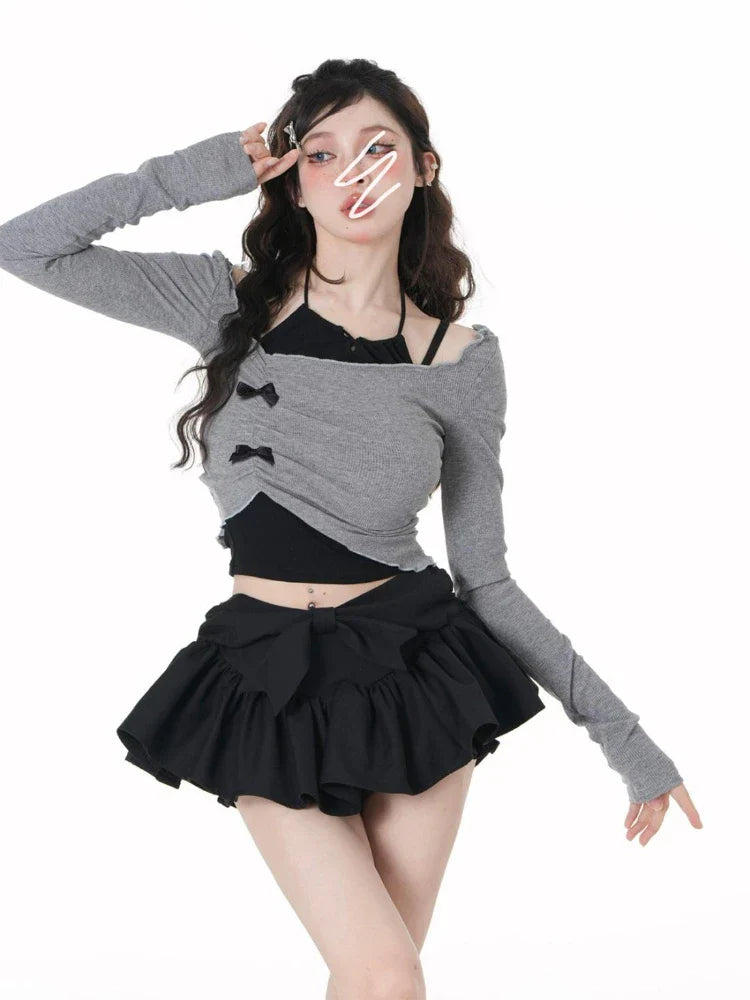 Voguable Korean 2 Piece Set Skirt Slim Y2k Crop Tops Casual Vintage Black Mini Skirt Kawaii Sweet Suit Woman Chic