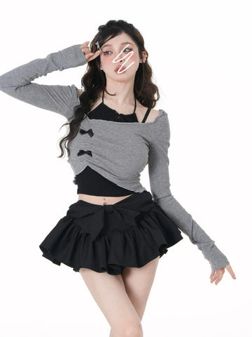 Voguable Korean 2 Piece Set Skirt Slim Y2k Crop Tops Casual Vintage Black Mini Skirt Kawaii Sweet Suit Woman Chic