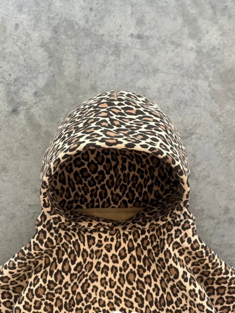 Y2k Leopard Print Vintage Hoodies American Retro Streetwear Hiphop Oversized Hooded Sweatshirt