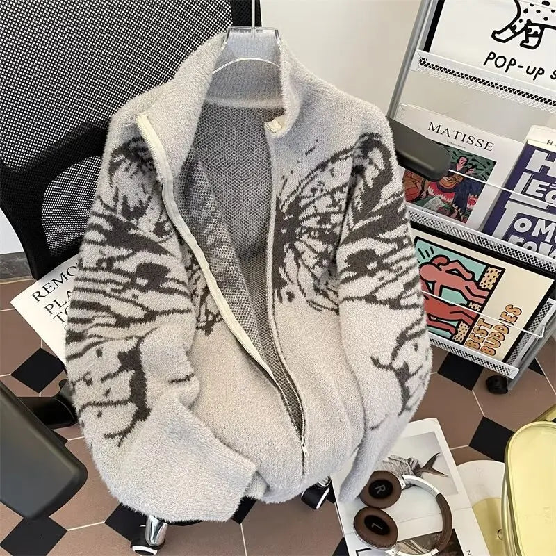 Y2k Harajuku Zipper Cardigan Man Vintage Butterfly Turtleneck American Mink Fur Soft and Lazy Style Sweater Jacket