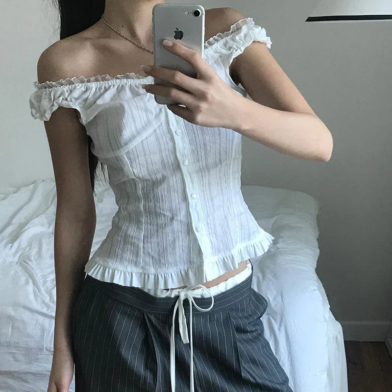 Voguable French Style Button-up Tank Top Chic Elegant Ruched Lace Stitching Slash Neck Camisole Cute Slim-fit Vest Y2K