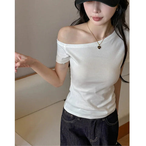 Solid Off Shoulder Short Sleeve T Shirt Simple Basic Single Sleeved Jumper Top Streetwear Slim Fit FeY2K Clothes Tees