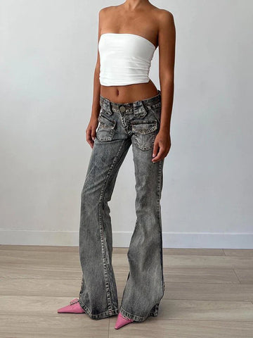 Voguable Vintage Washed Flare Jeans Pants Low Waist Streetwear Y2K Slim Fit Boot Cut Pants Grunge Denim Trousers pantalone