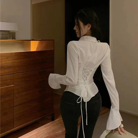 Harajuku Bandage Shirts Y2k Korean All Match Streetwear FeSlim Blouse Casual White Bell Sleeve Shirt