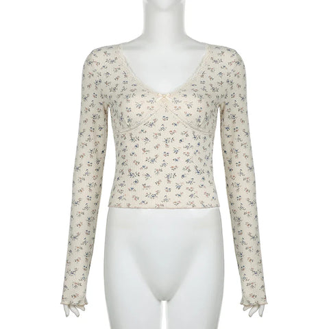 Voguable French Style Floral Print Knitted Tops Beige Color Lace Stitching V-neck Milkmaid T-shirt Cute Coquette Tees Y2K