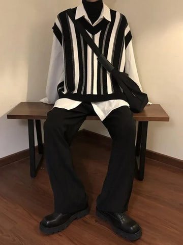 Knitted Sweaters for Y2k Vintage Waistcoat Man Clothes Striped Sleeveless Vest Aesthetic Black Korean Casual Cotton
