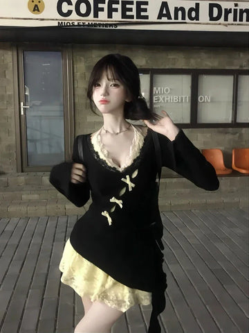 Fall Winter Y2k Shoujo Girl 2000s Kpop Korean Outfits 2 Piece Set Long Sleeve Tops + Coquette Ballet Core Mini Lace Dress