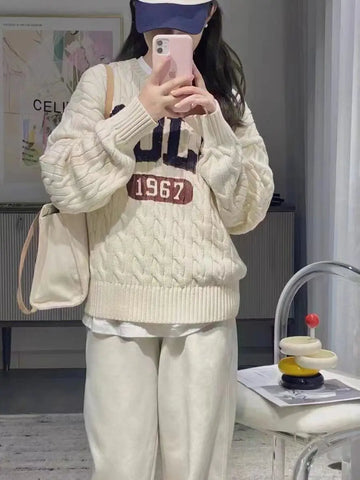 Korean trendy retro letter twist sweater for loose lazy style sweater long sleeves clothing y2k tops