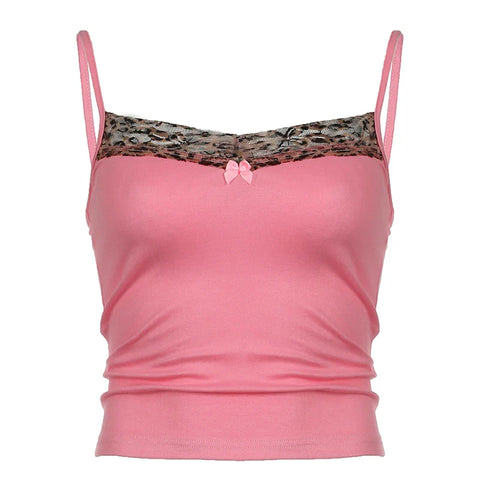 Voguable Coquette Contrast Leopard Print Patchwork Cami Y2K Aesthetic Bow Appliques Spaghetti Straps Tops Slim-fit