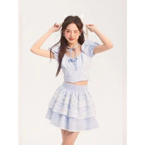 Voguable Lolita Kawaii Suit Woman Lace Sweet Plaid Set Casual Short Tops Princess Party Y2k Mini Skirt Clothing Chic