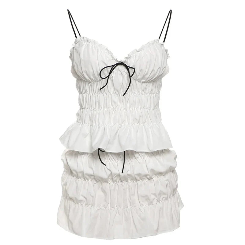 Lase-up Sweet Shirring 2 Piece Set Low-Neck Backless Ruched Camisole+Tierred Skirts Y2K Streetwear