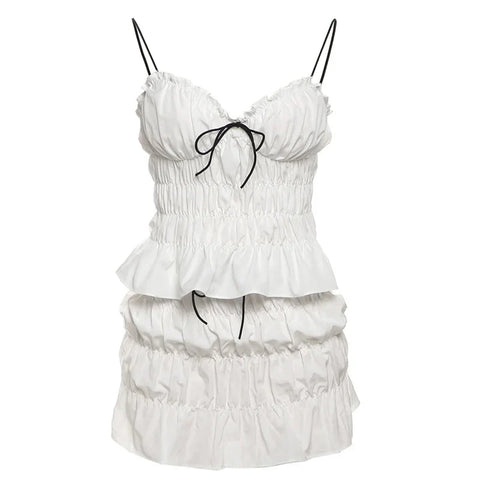 Lase-up Sweet Shirring 2 Piece Set Low-Neck Backless Ruched Camisole+Tierred Skirts Y2K Streetwear