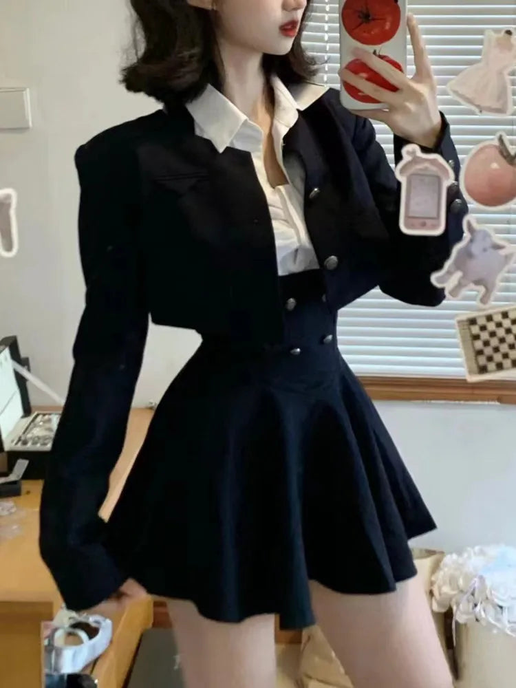 Voguable  Y2K 3 Piece Set Cropped Coat + Long Sleeve Shirt + High Waist Halter Ruffles Mini Dress Korean Chic Outfits