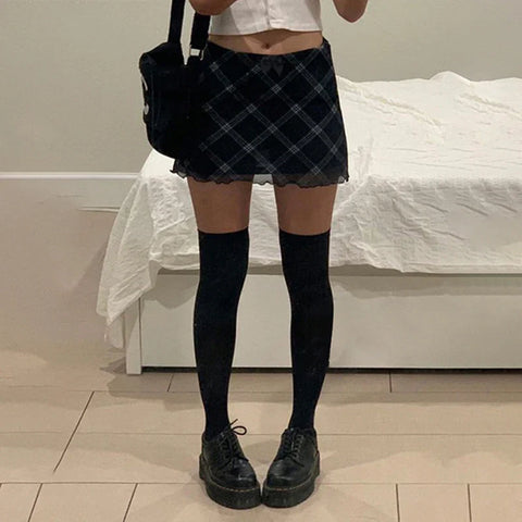 Voguable  Vintage Plaid Double Layer Mesh Skirt High Waist Straight Mini Skirts Fairy Grunge Streetwear Korean Chic Y2K Skirts