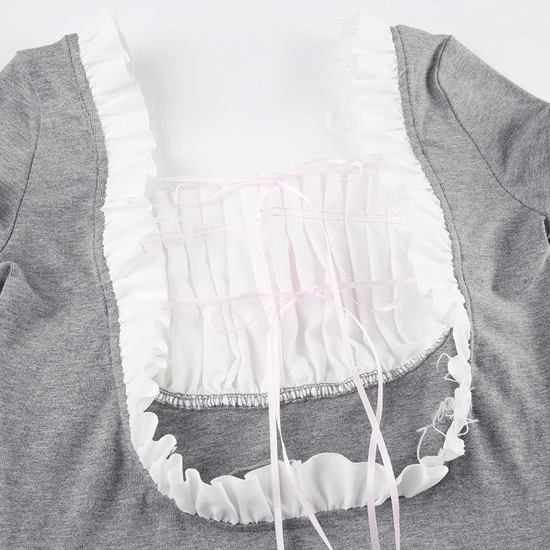 Voguable  Kawaii Contrast Patchwork Playsuit Coquette Folds Bow Square Collar Short Sleeve Jumpsuits Shorts Backless Y2K