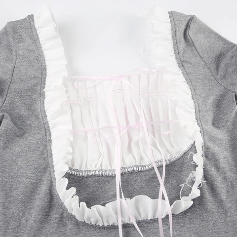 Voguable  Kawaii Contrast Patchwork Playsuit Coquette Folds Bow Square Collar Short Sleeve Jumpsuits Shorts Backless Y2K