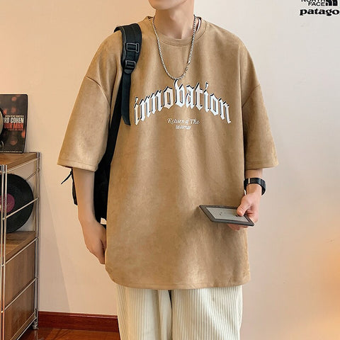 Casual Letter Printing T-shirt Suede Loose Fitting Tops Japanese Style Trend Y2k Tees Short Sleeve