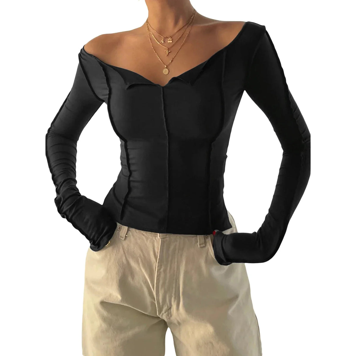 T-shirt Long Sleeve Boat Neck Spliced Slim Fit Shirts Solid Color Korean Kawaii Y2K Crop Tops Streetwear