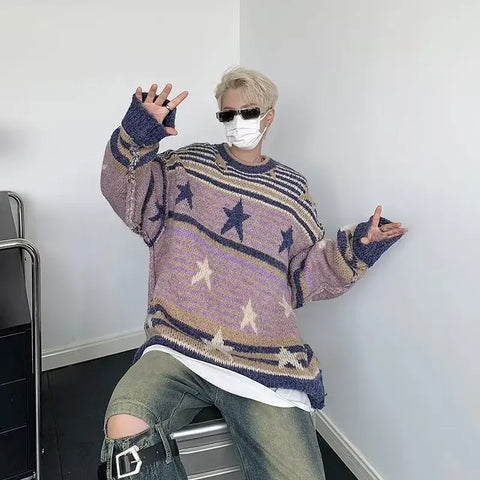Voguable Y2K Star Sweater Harajuku Striped Knitted Pullovers Jumpers Tops Oversize Purple Winter Streetwear Hip Hop