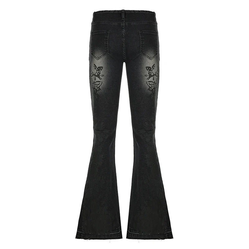 Voguable Streetwear y2k Flare Jeans Distressed 2000s Floral Print Low Rise Slim Denim Pants Korean Trousers Retro Mom Jeans