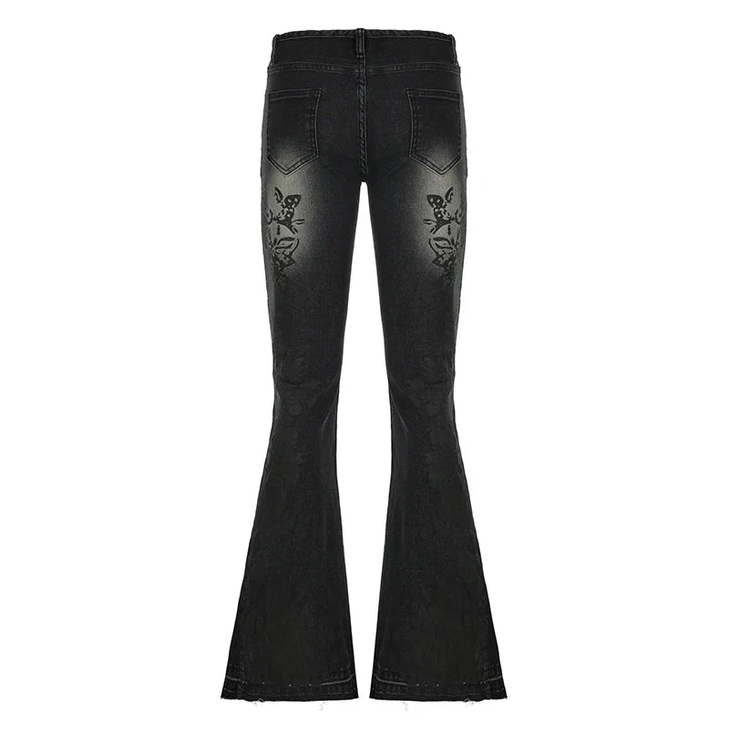 Streetwear y2k Flare Jeans Distressed 2000s Floral Print Low Rise Slim Denim Pants Korean Trousers Retro Mom Jeans