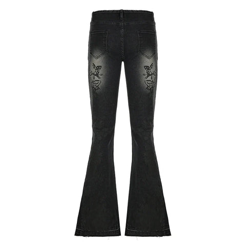 Streetwear y2k Flare Jeans Distressed 2000s Floral Print Low Rise Slim Denim Pants Korean Trousers Retro Mom Jeans