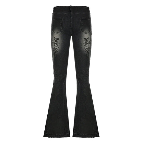 Voguable Streetwear y2k Flare Jeans Distressed 2000s Floral Print Low Rise Slim Denim Pants Korean Trousers Retro Mom Jeans