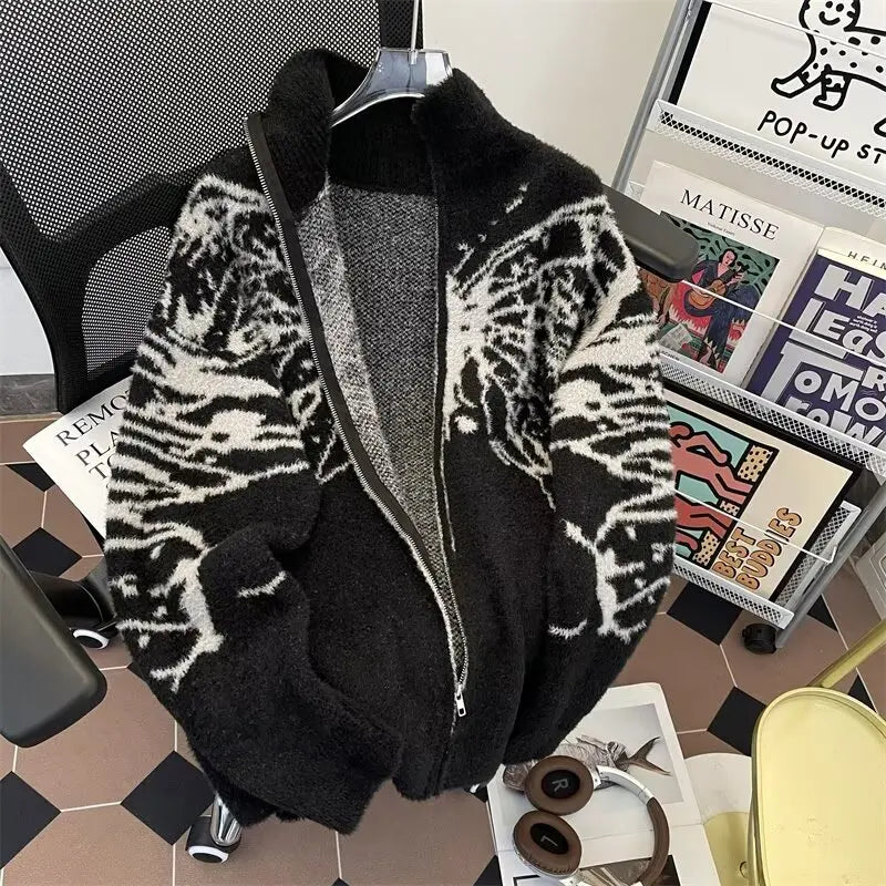 Y2k Harajuku Zipper Cardigan Man Vintage Butterfly Turtleneck American Mink Fur Soft and Lazy Style Sweater Jacket