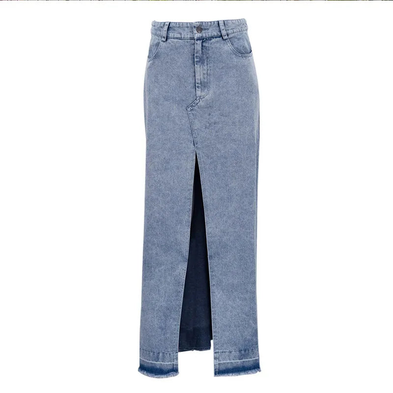 Cotton Simple Vintage Long A-Line Skirt Slit Denim Skirt Y2K Party Skinny Vestidos Vero Vintage Size