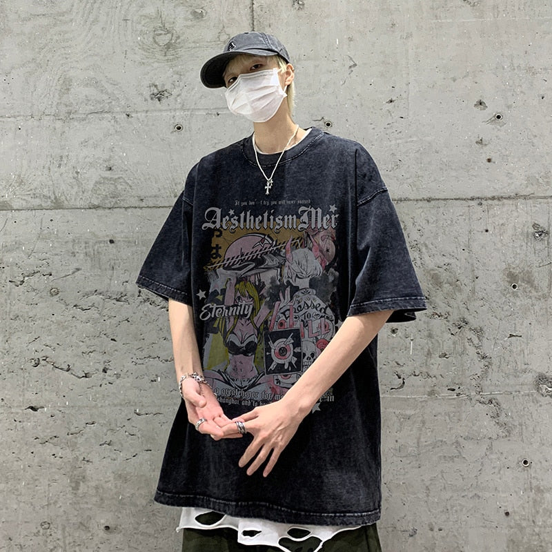 High Street  American Short Sleeve T-shirt Graffiti Loose Washed Trend Y2k Casual Top Tshirt Streetwear Cotton Tees