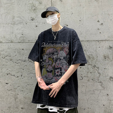 High Street  American Short Sleeve T-shirt Graffiti Loose Washed Trend Y2k Casual Top Tshirt Streetwear Cotton Tees