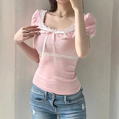 Voguable Coquette Aesthetic Jacquard Heart-shape T-shirt Y2K Japanese Kawaii Contrast Lace Stitching Bow Tops New