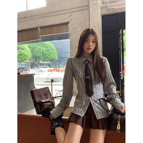 Y2K Harajuku Striped Shirts Vintage Streetwear Tie Long Sleeve Blouses Korean Preppy Slim All Match Tops New