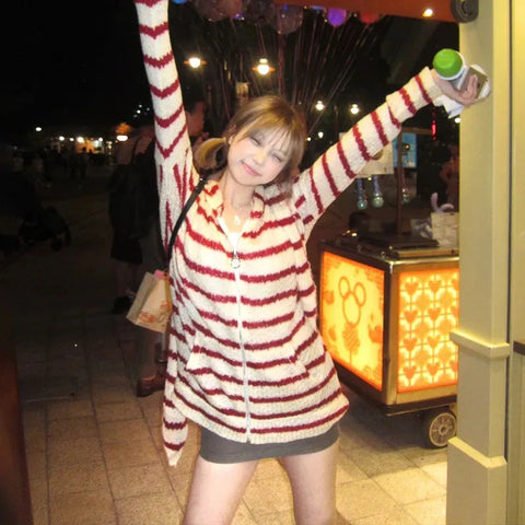 Japanese Y2k Hooded Cardigan 2000s Aesthetics Rabbit Ears Zipper Knitwear Vintage Harajuku Red Stripe Sweater Grunge