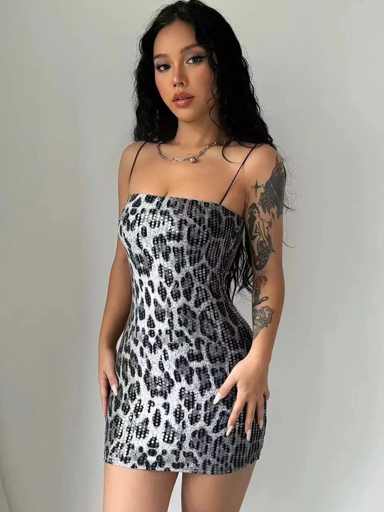 Leopard Print Spaghetti Shoulder Strap Square Collar Mini Dress Sparkly Sequins Party Club Y2K Clothes