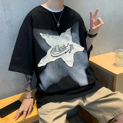 Y2K Vintage Star Printing T Shirt Bf 100% Cotton Loose Streetwear Casual Tops Harajuku Hip Hop T Shirt