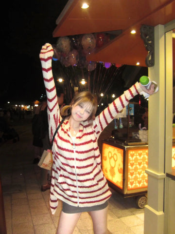 Japanese Y2k Hooded Cardigan 2000s Aesthetics Rabbit Ears Zipper Knitwear Vintage Harajuku Red Stripe Sweater Grunge