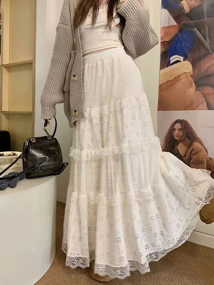 Elegant Lace Splicing Midi Skirt for Y2K High Waist Chic Hollow Out A Line Skirts Korean Solid All-Match Long Skirt