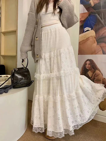 Elegant Lace Splicing Midi Skirt for Y2K High Waist Chic Hollow Out A Line Skirts Korean Solid All-Match Long Skirt